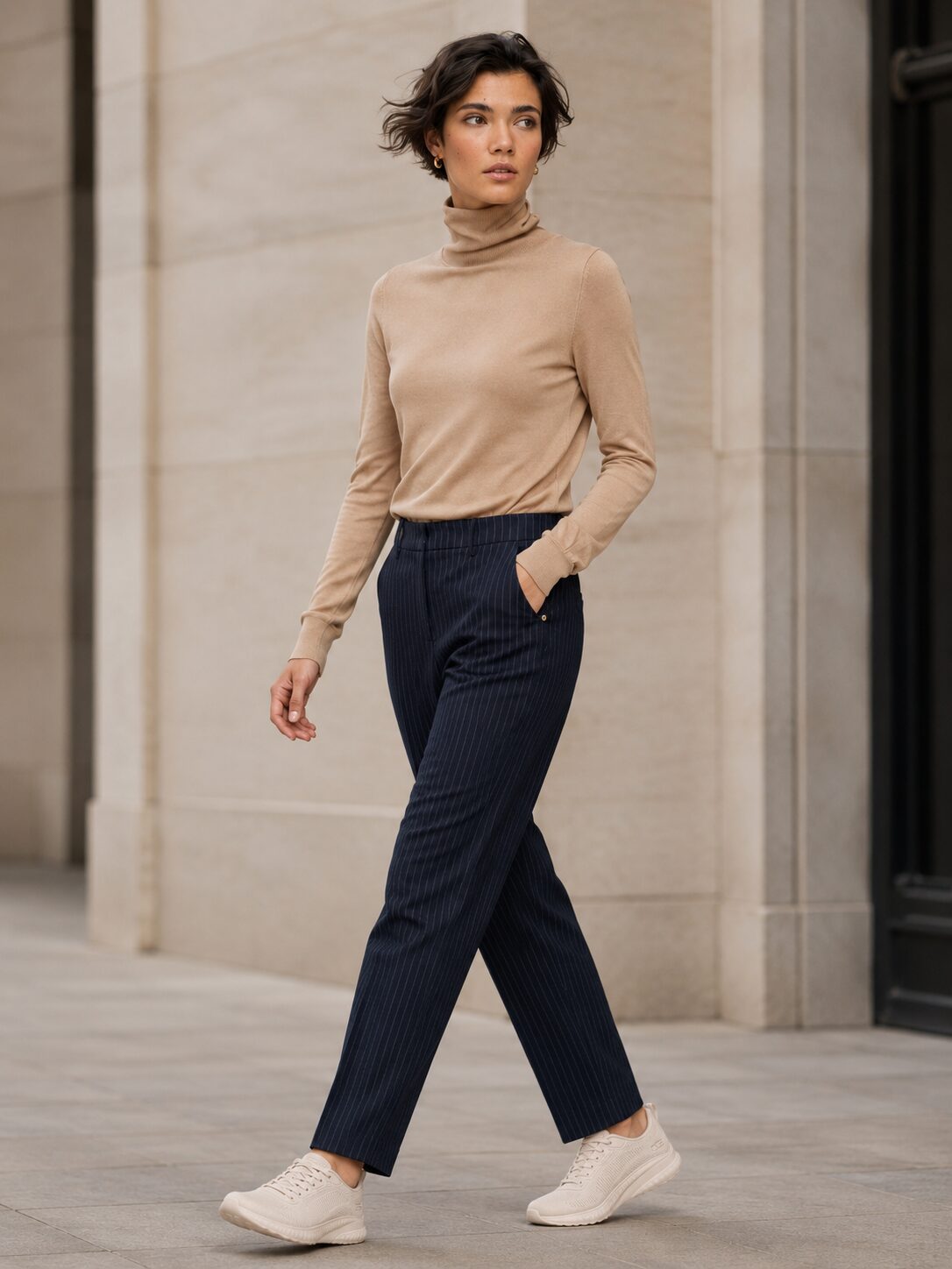 Jersey cuello alto, pantalón de rayas y Skechers Nude